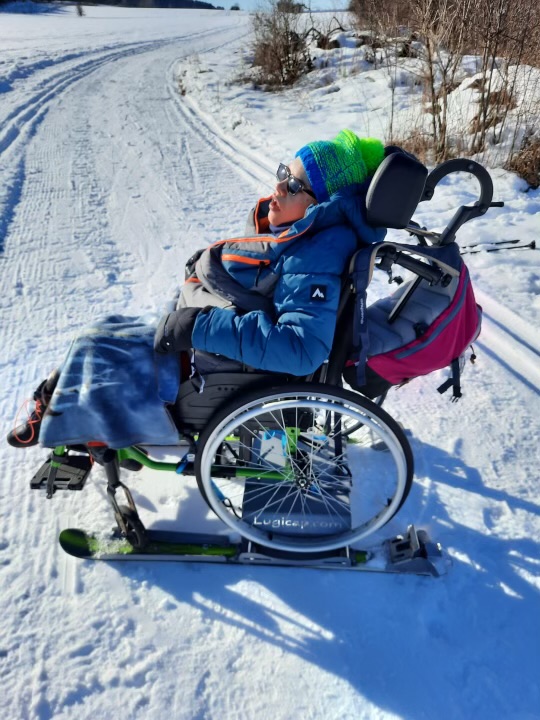 Handisport sur neige, en fauteuil roulant, au soleil